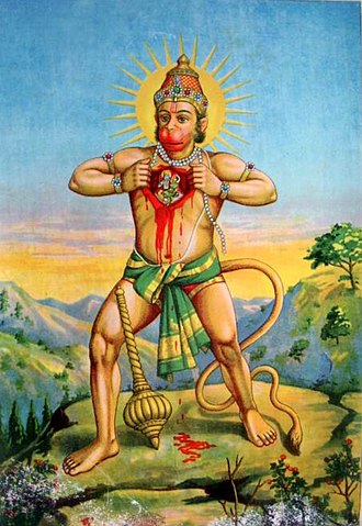 Ahvjumal Hanumān rebib lõhki rinna, et paljastada truim süda, kus elavad Rāma ja Sītā. Pilt: Wikimedia Commons